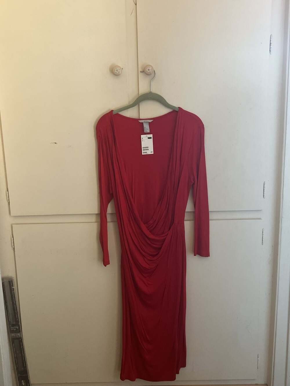 H&M Red Long Sleeve Draped Wrap Dress Size L